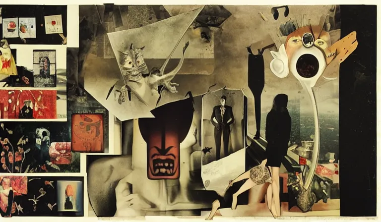 Image similar to im being hunted, collage, mixed media, esoteric, paranoid, conspiracy, by toshiko okanoue, tadanori yokoo, hannah hoch, man ray