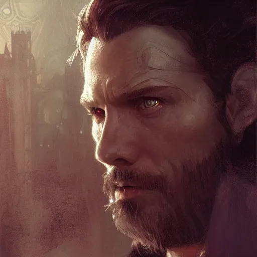 Image similar to closeup portrait of an artificer, male, dark hair, wizard, serious face, dungeons and dragons character, dramatic lighting, castle background, gorgeous view, realistic, high detail, digital art, painted by greg rutkowski, painted by jeremy mann, painted by alphonse mucha, trending on artstation