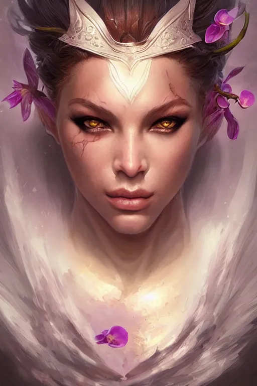 Image similar to orchid goddess face, d & d, fantasy, portrait, highly detailed, headshot, digital painting, trending on artstation, concept art, sharp focus, illustration, art by artgerm and greg rutkowski and magali villeneuve