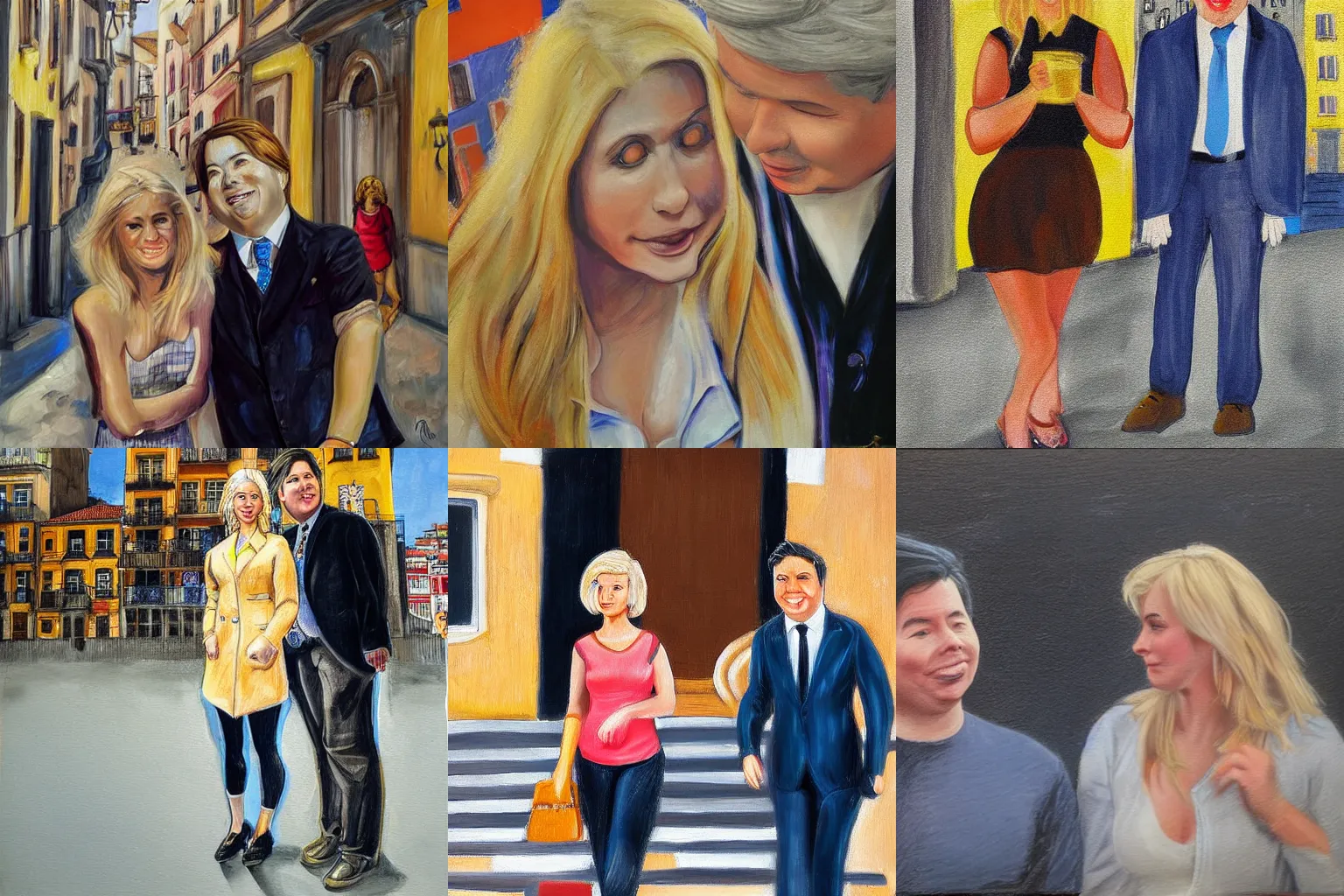 Prompt: A blonde girl and Michael Mcintyre, in Porto, detailed picture, by Grek Rutkowski