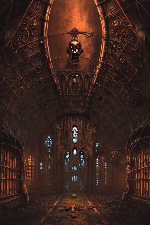 Prompt: steam necropolis, memento mori, gothic, neo - gothic, art nouveau, hyperdetailed copper patina medieval icon, philippe druillet, ralph mcquarrie, concept art, steampunk, unreal engine, detailed intricate environment, octane render, moody atmospheric, volumetric lighting