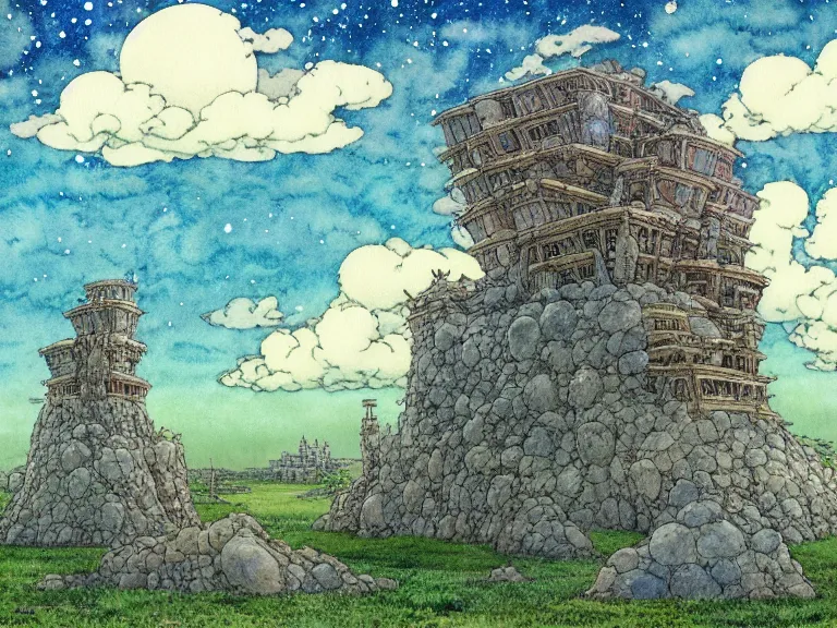 Image similar to hyperrealist studio ghibli watercolor fantasy concept art of an immense earthship solar home from howl's moving castle sitting on stonehenge like a stool. it is a misty starry night. by rebecca guay, michael kaluta, charles vess