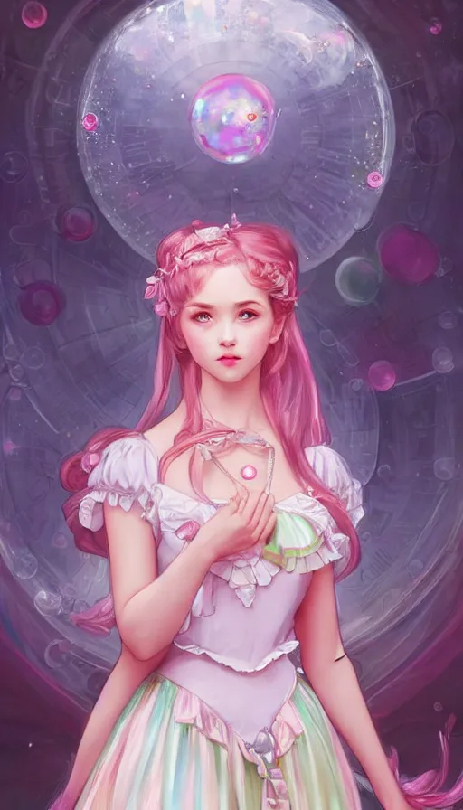 Image similar to portrait of magical lolita girl, dreamy and ethereal, expressive pose, big pink eyes, peaceful expression, , fantasy, intricate, elegant, many rainbow bubbles, rose tones, highly detailed, digital painting, artstation, concept art,cyberpunk dress, smooth, sharp focus, illustration, art by artgerm and greg rutkowskiand alphonse mucha