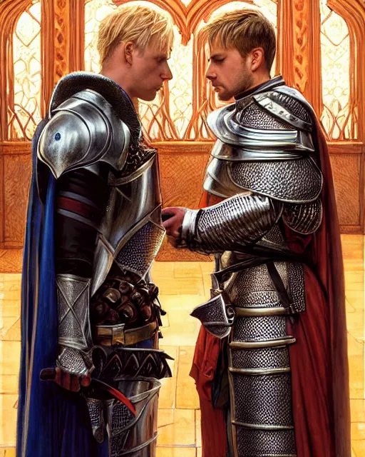 Prompt: attractive arthur pendragon confesses his love to his attractive male knight, they are close to each other, in a quiet moment, they are wearing robes, highly detailed, very intricate, cinematic lighting, by donato giancola and rossdraws and magali villenueve, j. c. leyendecker, featured on artstation