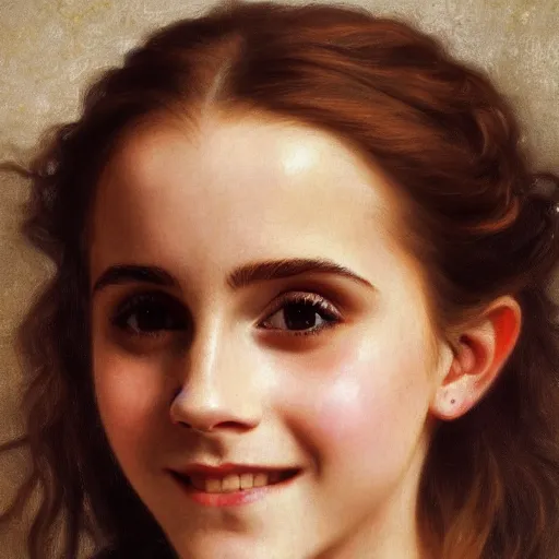 Image similar to Painting of Emma Watson as Hermione Granger. Smiling. Happy. Cheerful. Art by william adolphe bouguereau. Extremely detailed. Extreme close up. Beautiful. 4K. Award winning.