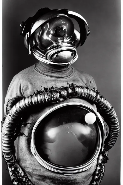 Image similar to extremely detailed studio portrait of space astronaut, alien tentacle protruding from eyes and mouth, slimy tentacle breaking through helmet visor, shattered visor, helmet is off, full body, soft light, disturbing, shocking news, award winning photo by james van der zee