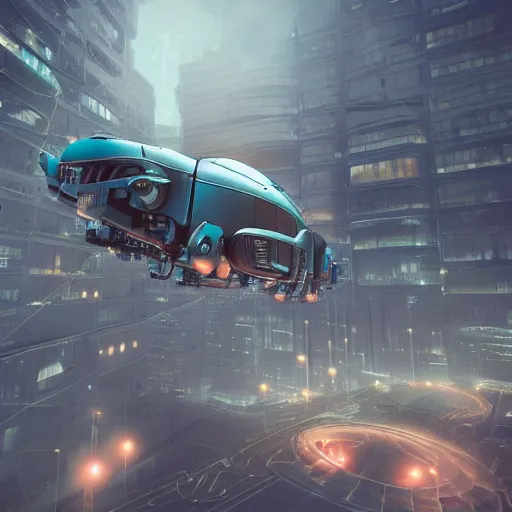 Image similar to silver bug is flying in a futuristic city, dieselpunk style, high detailed, superrealism, octane render, ray tracing, unreal engine, cinematic mode, redshift, hdr, hyperrealist, trending of artstation, optical flare, teal orange color scheme