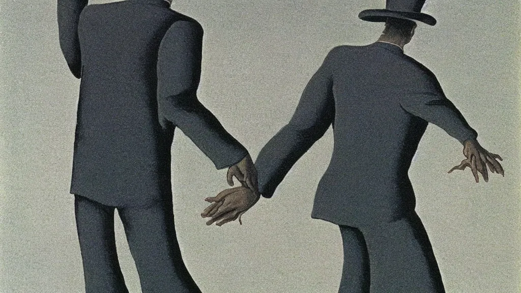 Image similar to A vintage scientific illustration from the 1970s of a man dancing with the grim reaper by René Magritte