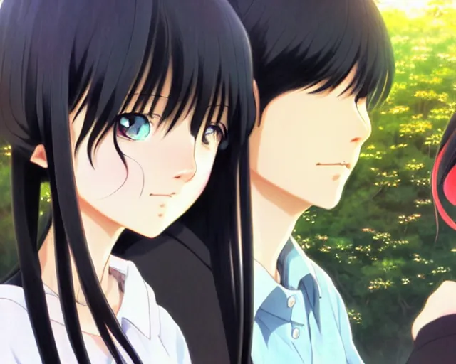 Image similar to beautiful anime girl with long black hair and bangs, beautiful anime guy with white hair, wearing black clothes, couple, fine details portrait, japense village in background, bokeh. anime masterpiece by Studio Ghibli. illustration, sharp high-quality anime illustration in style of Ghibli, Ilya Kuvshinov, Artgerm