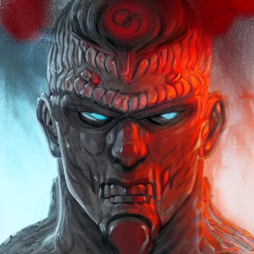 Image similar to portrait of guts from berserk submerged in red water, extremely detailed, made by Justin Fields, trending on artstation, concept art