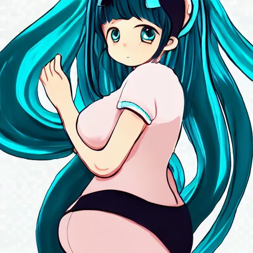 Image similar to cute pregnant hatsune miku with big pregnant belly, baby struggling inside womb, kicks are visible on the belly, art in anime style, trending on pixiv