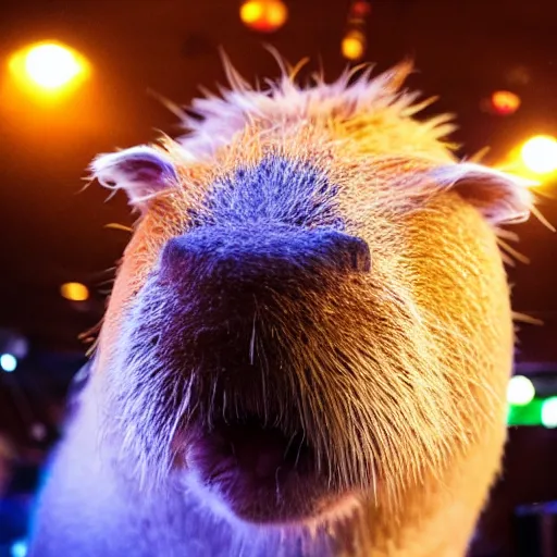 Image similar to capybara wearing shades in a night club, trippy club lighting