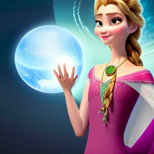 Prompt: closeup of a woman wearing a neckless with a glowing planet Saturn as the pendant, the rings are glowing around the planet, the woman's hand reaching for the pendant, in the style of Disney frozen