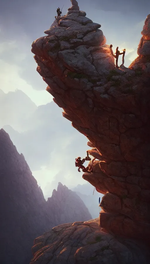 Prompt: rock climbers climbing a rock, an epic fantasy, dramatic lighting, cinematic, extremely high detail, photorealistic, cinematic lighting, matte painting, artstation, octane render, by simon stalenhag, horizon forbidden west