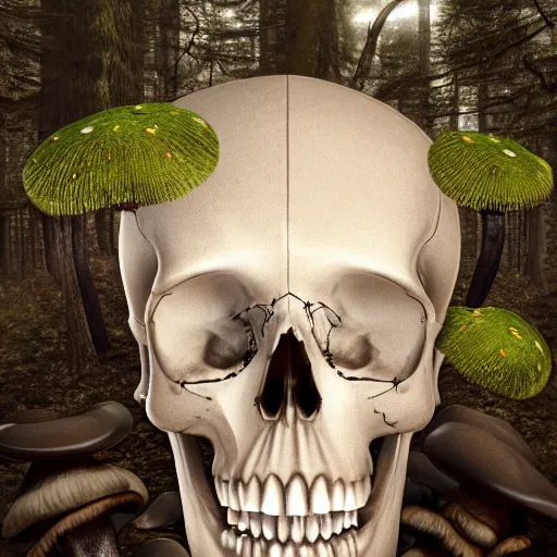 Prompt: photorealistic fantasy portrait of a skull with mushrooms growing out of the eye sockets in the middle of a forest, dynamic lighting, 8k, HD quality