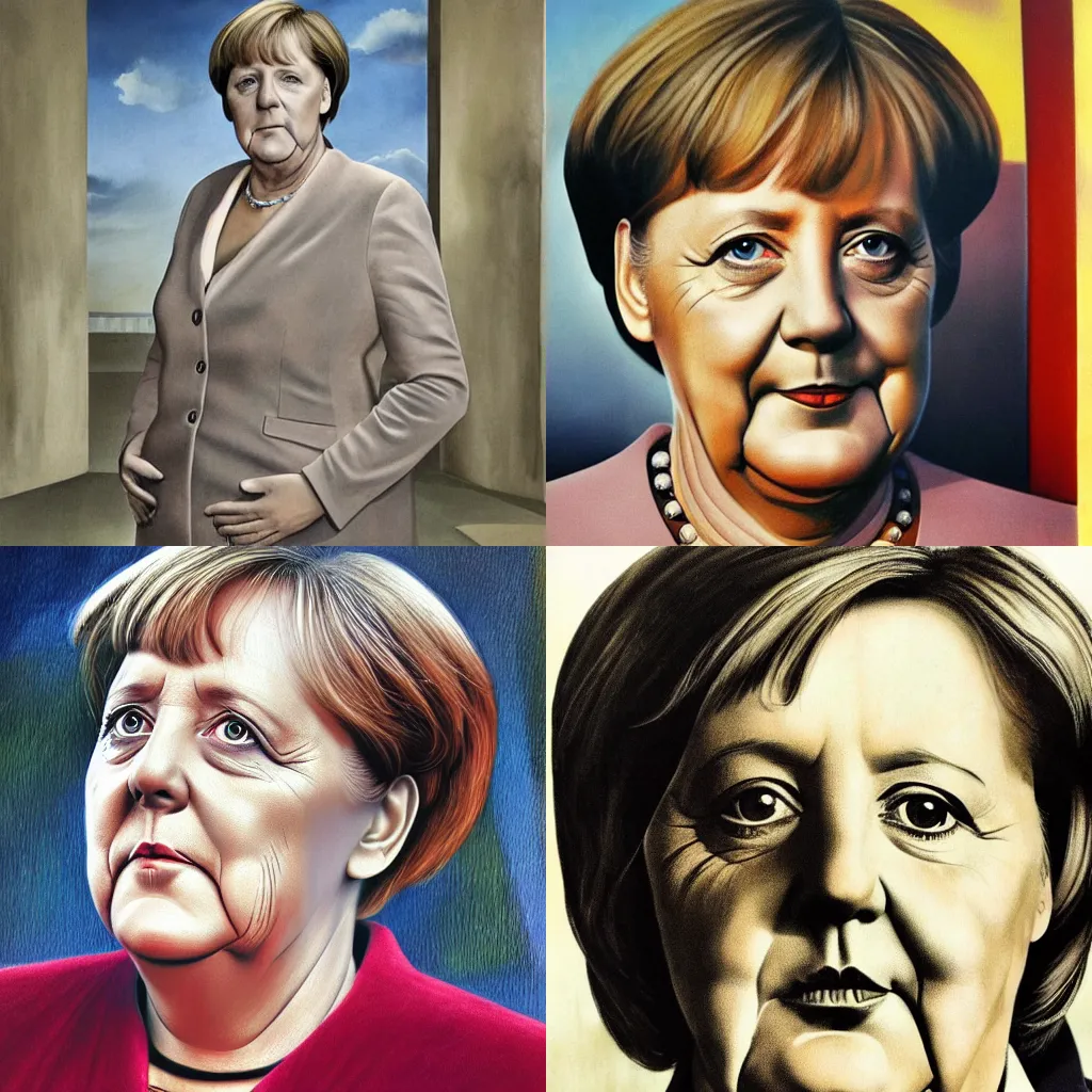 Prompt: a portrait of Angela Merkel, art by dali, matte painting, high detail, award winning, photorealistic