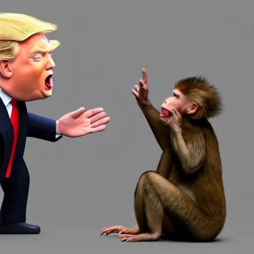 Prompt: donald trump yelling at a monkey, 3 d render, hyperrealistic, in the style of pablo picasso