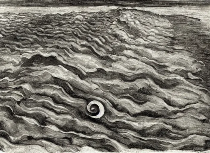 Image similar to a snail on the beach under the moon, by chaim soutine, by mc escher,