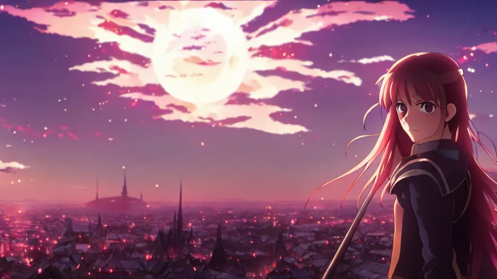 Image similar to emma watson in heavens feel movie, demon slayer, ufotable, kyoani, high quality, key visual, cinematic, city background, night time, rooftop, fate stay night, unlimited blade works, greg rutkowski, high resolution, dynamic pose, extreme close up, rin outfit, anime, high angle, high budget