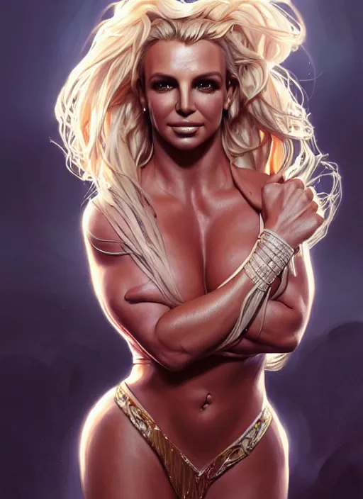 Image similar to britney spears, kim kardashian, carmen electra, jessica canseco, muscular, intricate, highly detailed,!, digital painting, artstation, concept art, smooth, sharp focus, illustration, art by artgerm and greg rutkowski and alphonse mucha