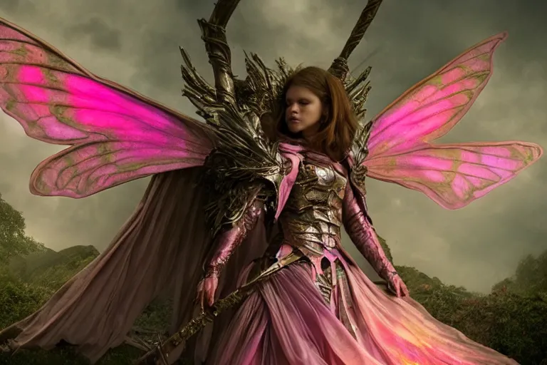 Image similar to pink iridescent battle armor on a fairy by eiko ishioka, 8K, detailed, HD, fairytale, dark tones, horror film, scary, matte painting, fantasy, full of colors, CGSociety, matte painting, realistic materials, photo-realistic, postprocessing, realistic, cinematic style, 35mm