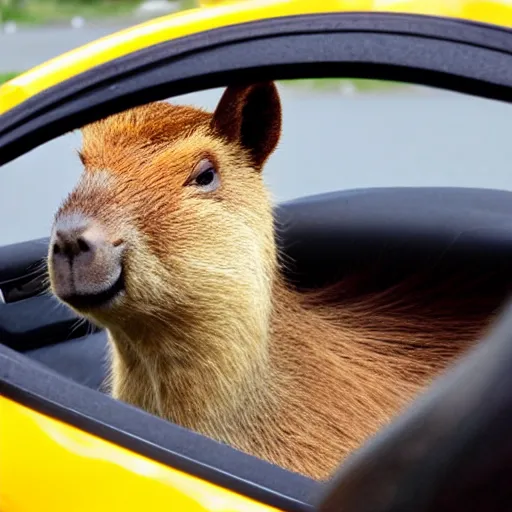 Prompt: capybara sitting in the front seat of a supercar, sunglasses, picture from inside the car