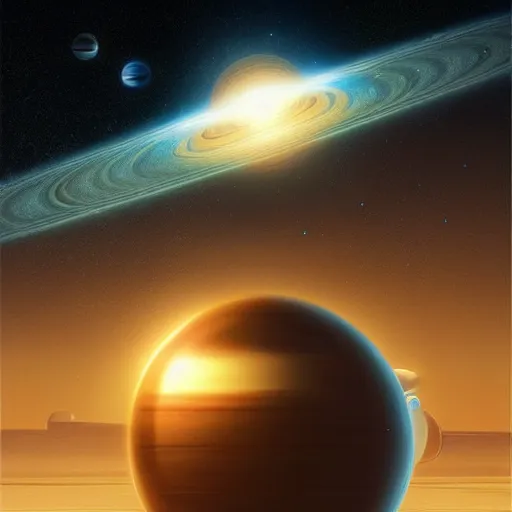 Prompt: an artist's rendering of a solar system, concept art by christopher balaskas, cgsociety, space art, concept art, sci - fi, reimagined by industrial light and magic