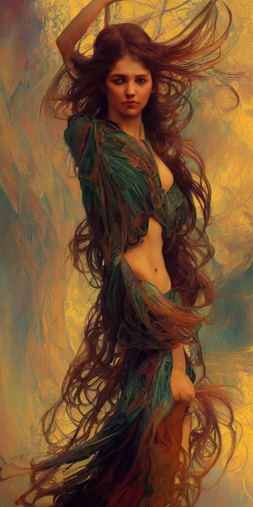 Image similar to an intricate painting of an artistic pose beautiful young lady muse with an artistic pose, hyper - detailed, octane render, vivid colors, artstation, by jeremy mann, by alphonse mucha, by boris vallejo, by gustav klimt
