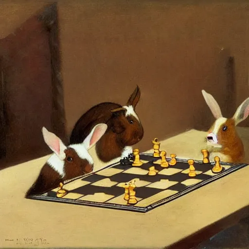 Image similar to a rabbit and a guinea pig playing chess, in the style of ilya repin