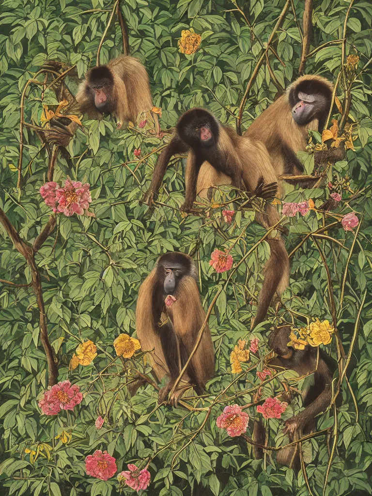 Prompt: mandrill baboon and many flowers and wild thorns in gold, walton ford