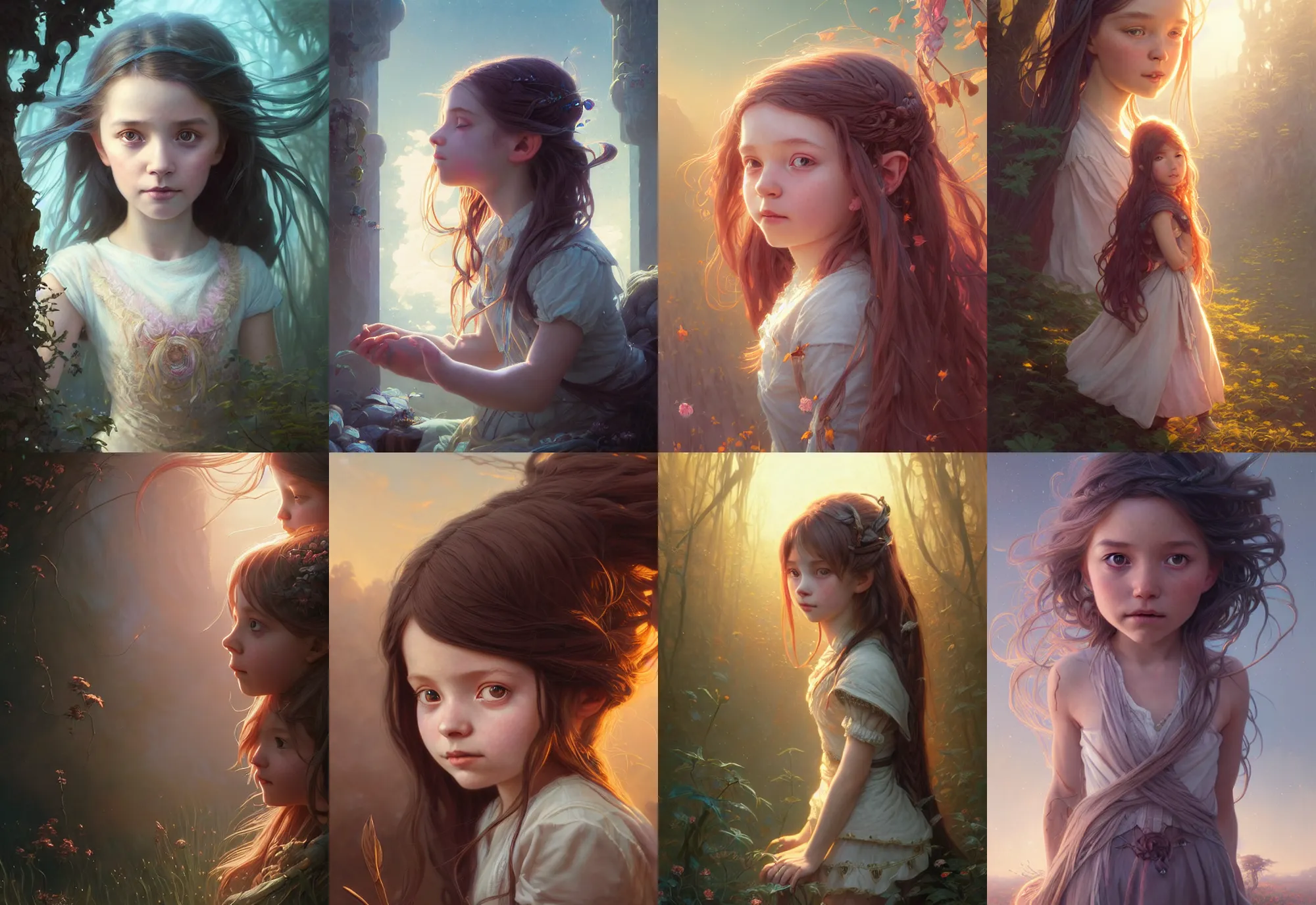 Image similar to highly detailed portrait of a little girl with long hairs, stephen bliss, unreal engine, fantasy art by greg rutkowski, loish, rhads, ferdinand knab, makoto shinkai and lois van baarle, ilya kuvshinov, rossdraws, tom bagshaw, alphonse mucha, global illumination, radiant light, detailed and intricate environment