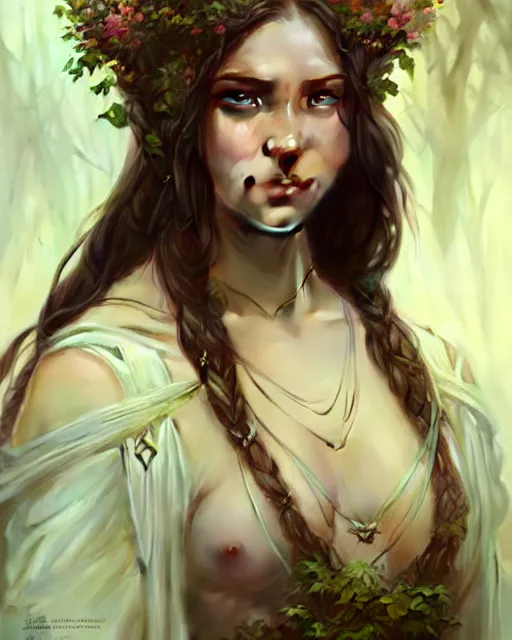 Image similar to beautiful female druid, portrait, fantasy, young, perfect eyes, detailed, intricate, leaves and simple cloth, global lighting, digital art, digital painting, artstation, wlop, sharp focus, illustration, art by artgerm and greg rutkowski and alphonse mucha, 8 k