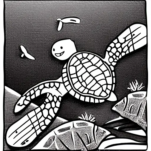 Image similar to storybook illustration of a turtle with a propeller attached to its shell, storybook illustration, monochromatic