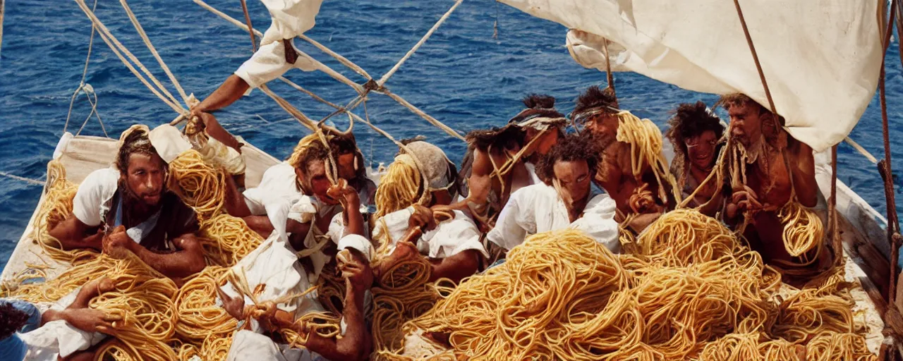 Image similar to pirates holding up spaghetti treasure, aboard a sailboat, caribbean, 1 7 0 0 s, canon 2 0 mm, photograph, kodachrome