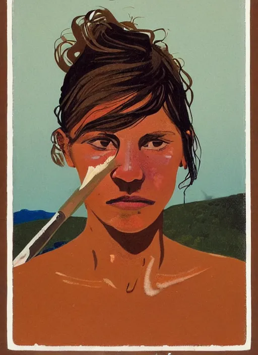 Prompt: composition by justine kurland, an extreme up - close portrait of a beautiful tan skinned light brown hair maid cleaning in a scenic representation of mother nature and the meaning of life by billy childish, thick visible brush strokes, shadowy landscape painting in the background by beal gifford, vintage postcard illustration, minimalist cover art by mitchell hooks