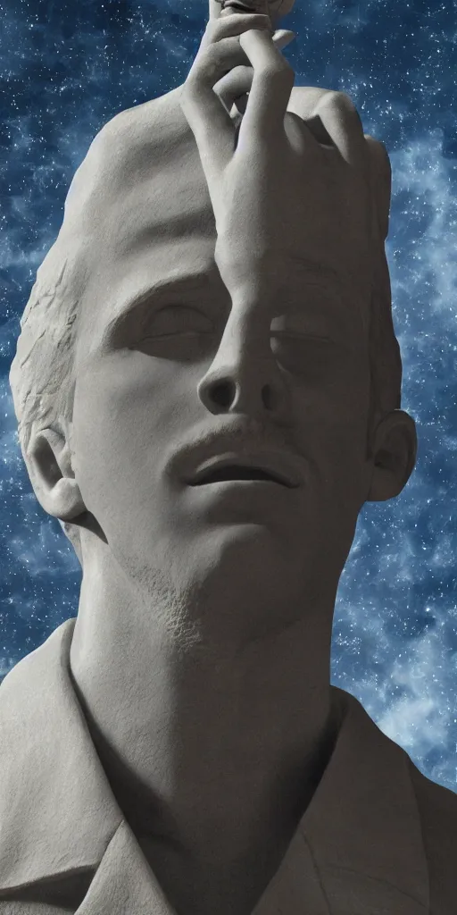 Prompt: Statue of Ryan Gosling - intergalactic leader, view from below, hyper realistic, very very very beautiful scenery, hd, hdr, ue5, ue6, unreal engine 5, cinematic 4k wallpaper, 8k, ultra detailed, high resolution, artstation, award winning