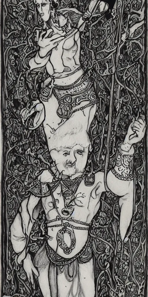 Image similar to the fool tarot, black and white watercolor painting