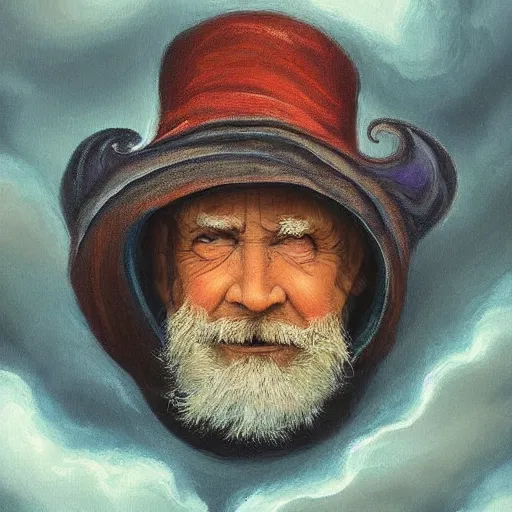 Prompt: The face of a wise but stern old man made out of swirling stormclouds in a stormy sky. beautiful, dreamy fantasy oil painting