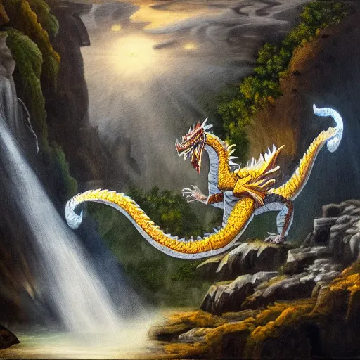 Image similar to oil painting of a dragon flying in the air near a cave with a waterfall in the center, light emanating from the waterfall leading to a big pool of water, dragon has black and white siberian tiger stripes, elegant, sharp focus, wide shot, clear, detailed, early renaissance