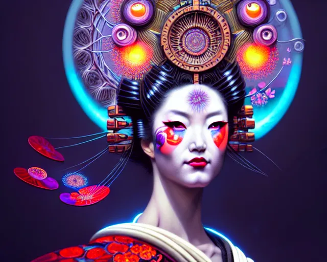 Image similar to a headshot of a geisha offset in the frame, surrounded by fractals, mandalas, cherry blossoms, hadron collider technology, metal gears, swirling bioluminescent energy, art by peter mohrbacher and dan mumford, 8 k octane render, hyperrealistic, zbrush, cinema 4 d