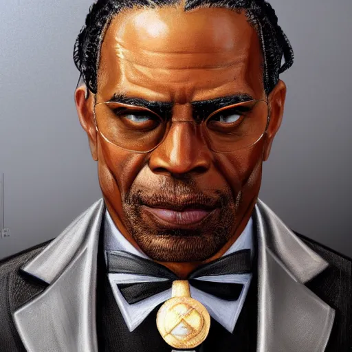 Image similar to a portrait of a muscular older black man with cornrows and a suit with a monocle on, D&D, sci-fi, elegant, hopeful, muscular, highly detailed, digital painting, artstation, concept art, smooth, sharp focus, illustration