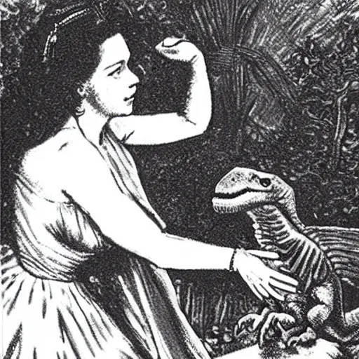 Prompt: queen elizabeth as a young woman commanding a dinosaur to kneel and be knighted.