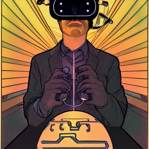 Prompt: a beautiful digital illustration a futuristic it worker in a vr headset jacked into a blade server, by jamie hewlett and alphonse mucha