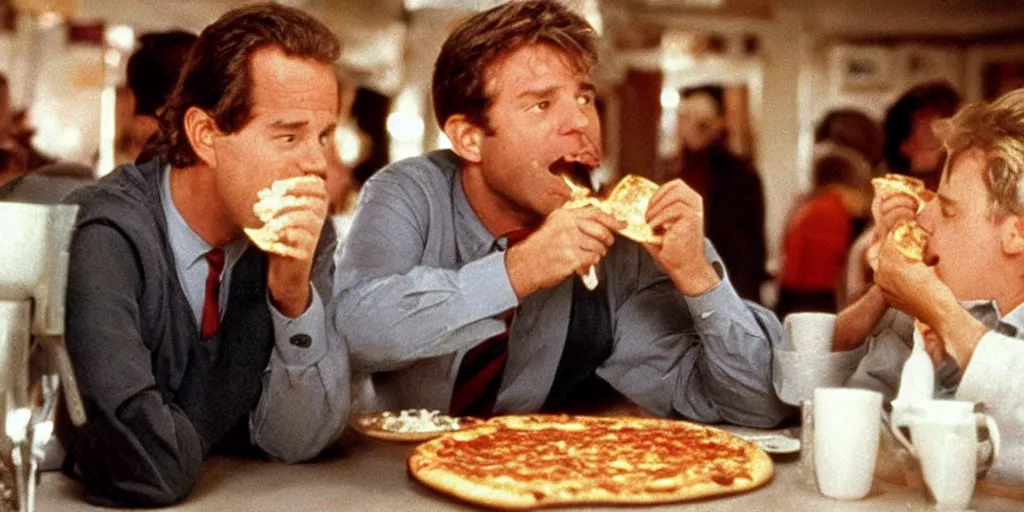 Prompt: color film of joe biden eating pizza in an italian restaurant 1 9 9 4 im the film of good will hunting, grinning, close up, high quality ultra realistic detailed