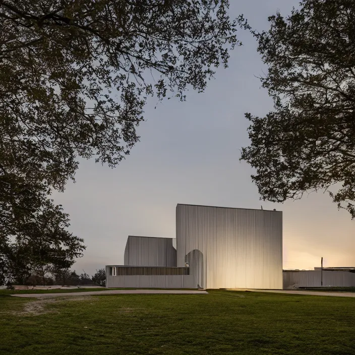 Prompt: a building in a serene landscape, dramatic lighting