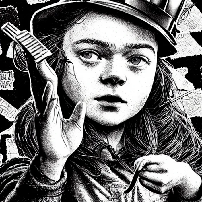 Image similar to extreme close - up on sadie sink as a miner : she lifts stale bread with her hand. background : black tiles on walls. black and white, pencil and ink. by gabriel hardman, joe alves, chris bonura. cinematic atmosphere, detailed and intricate, perfect anatomy