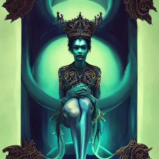 Image similar to portrait of a queen with a crown of snakes, desi dark skin, kneeling, dramatic lighting, blue and green, by Anato Finnstark, Tom Bagshaw, Brom