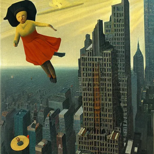 Image similar to super granny flies above new york city with her vacuum cleaner orwellian themes konstantin vasilyev grant wood jan van eyck john steuart curry