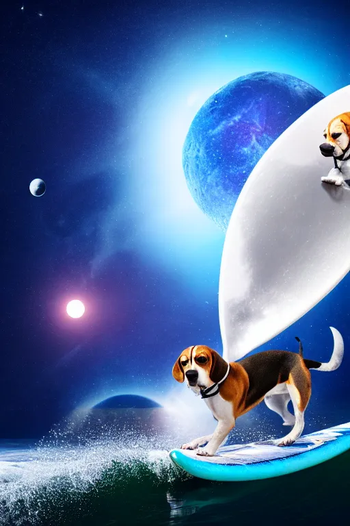 Image similar to beagle dog surfing a surfboard on a sparkly crashing wave of stardust in space, background is a moon in nebula, octane render, unreal engine, wide view, 8 k, highdetaild