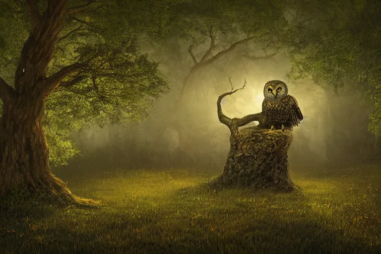 Prompt: masterpiece painting, a big owl carved in an oak, fireflies cloud illuminating the oak forest at night, cloud spiral movement, peaceful scene, light fog, 8 k octane render, atmospheric effects, by jean hugo, motion blur, artstation, deviantart